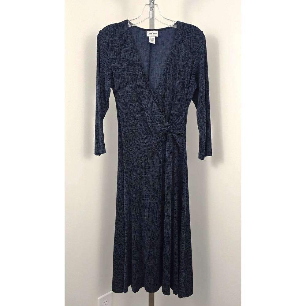 Chico's Travelers Wrap Front 3/4 Sleeve‎ Blue Black Dress 0